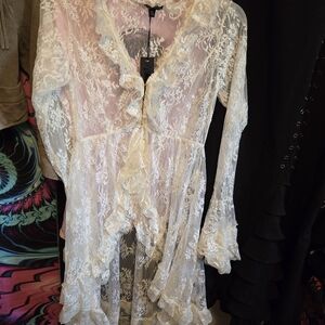 S. the Widow Sheer Lace Ruffle Robe in Pink and White